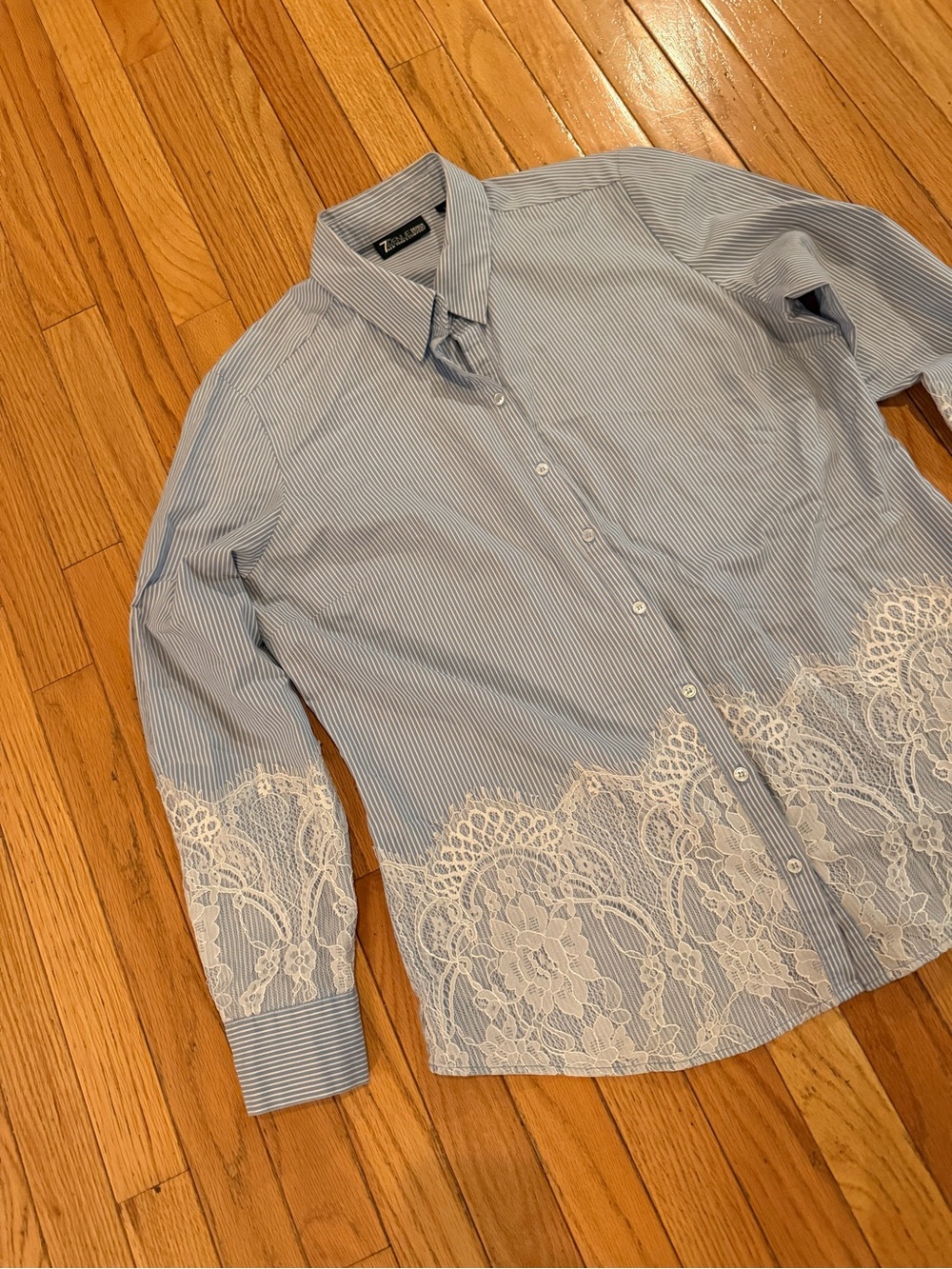 Blue Pinstripe Button-Up Shirt with White Lace Trim cotton - Picture 3 of 7